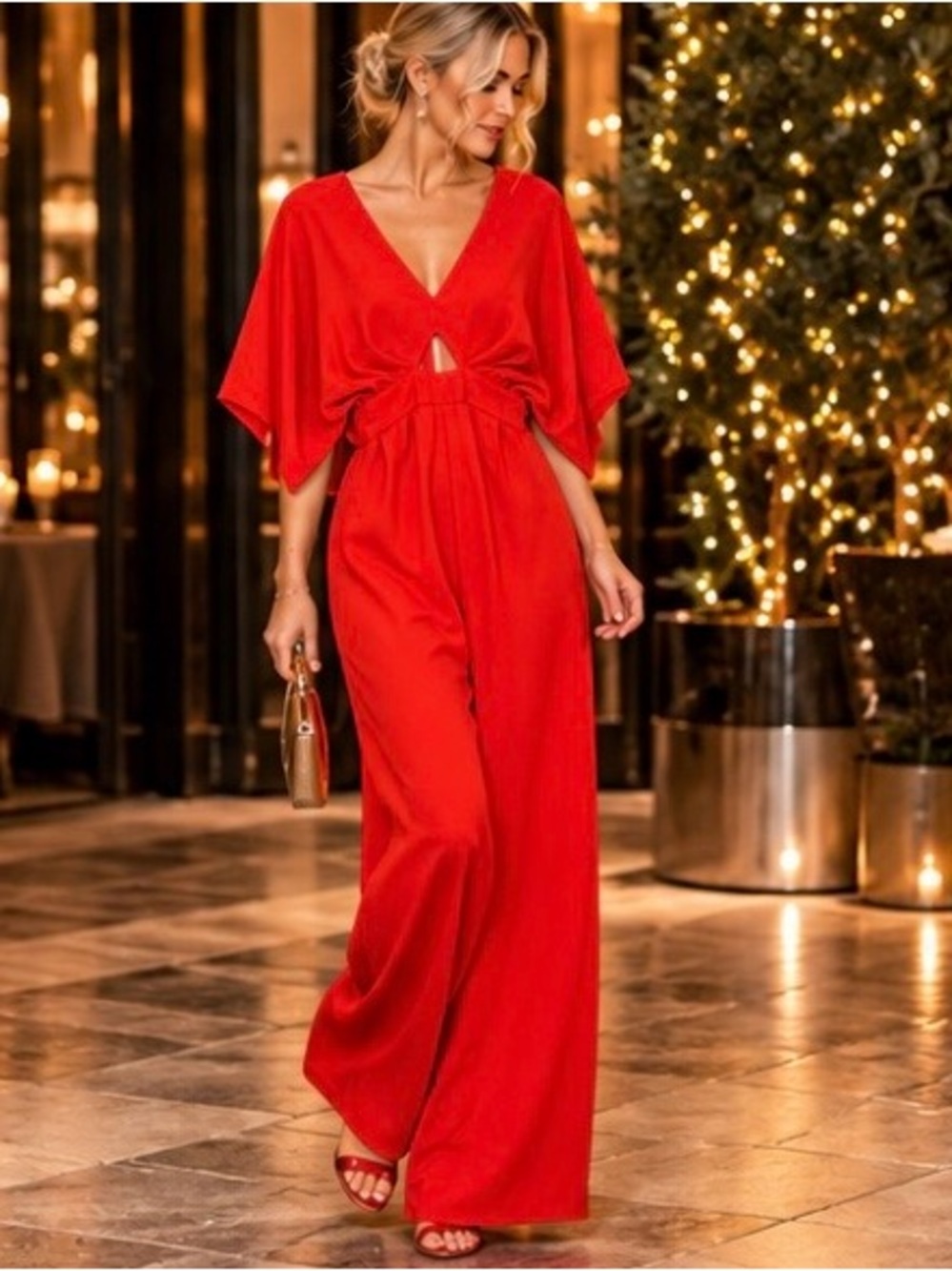ASOS Red Cutout Wide Leg Jumpsuit US 6 Kimono Sleeve Holiday Party Cocktail